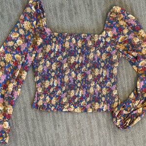 Purple and Yellow Smocked Floral Blouse with Ruffled Long Sleeves